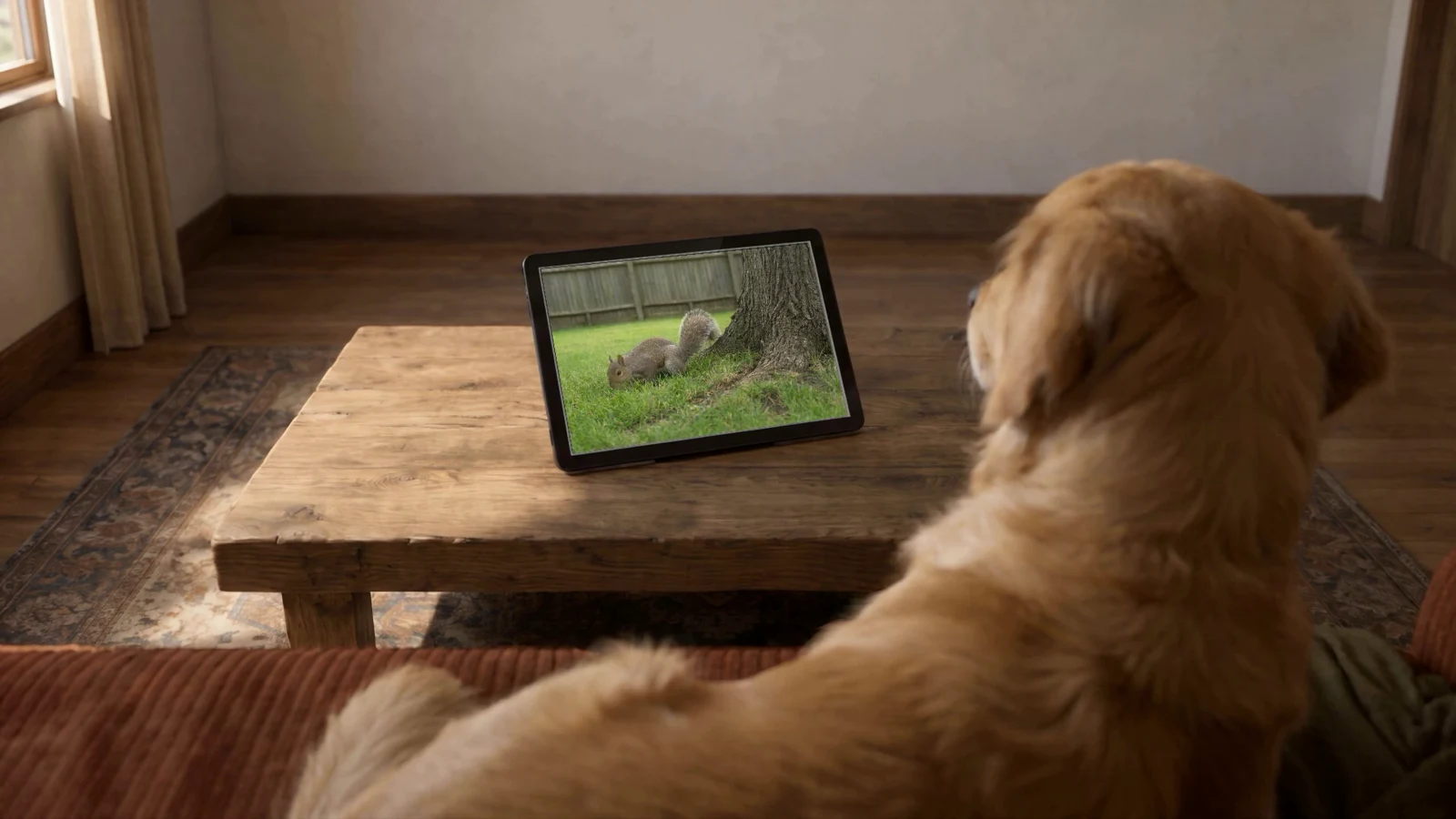 A dog watches a tablet in a scene from Right area. Wrong audience.