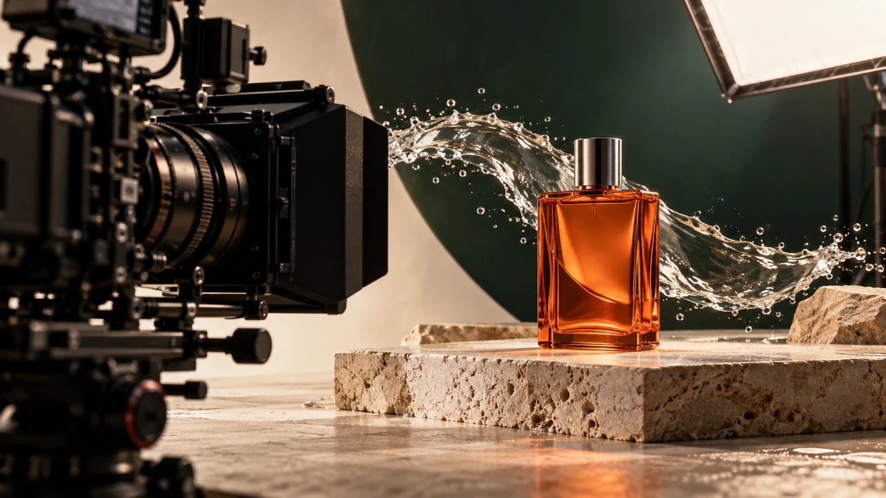 A cinema camera filming an amber fragrance bottle and sculptural water splash on a studio set
