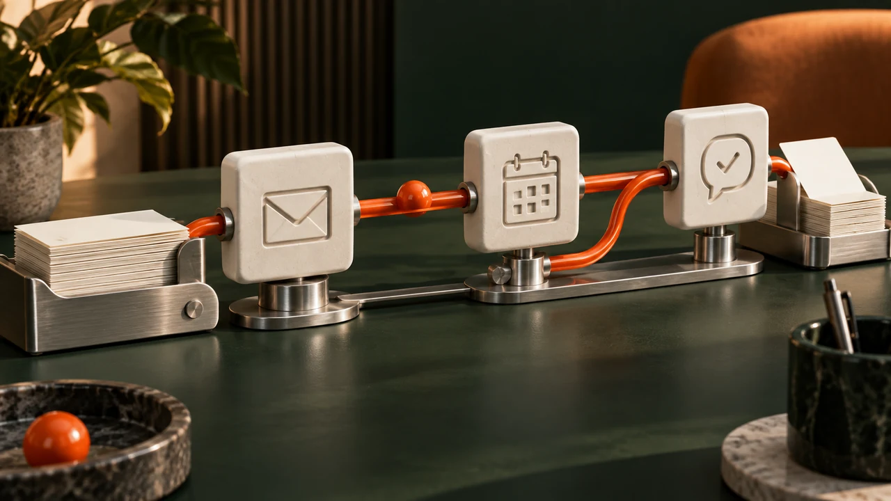 A connected physical workflow linking an enquiry envelope, a calendar and a confirmed conversation