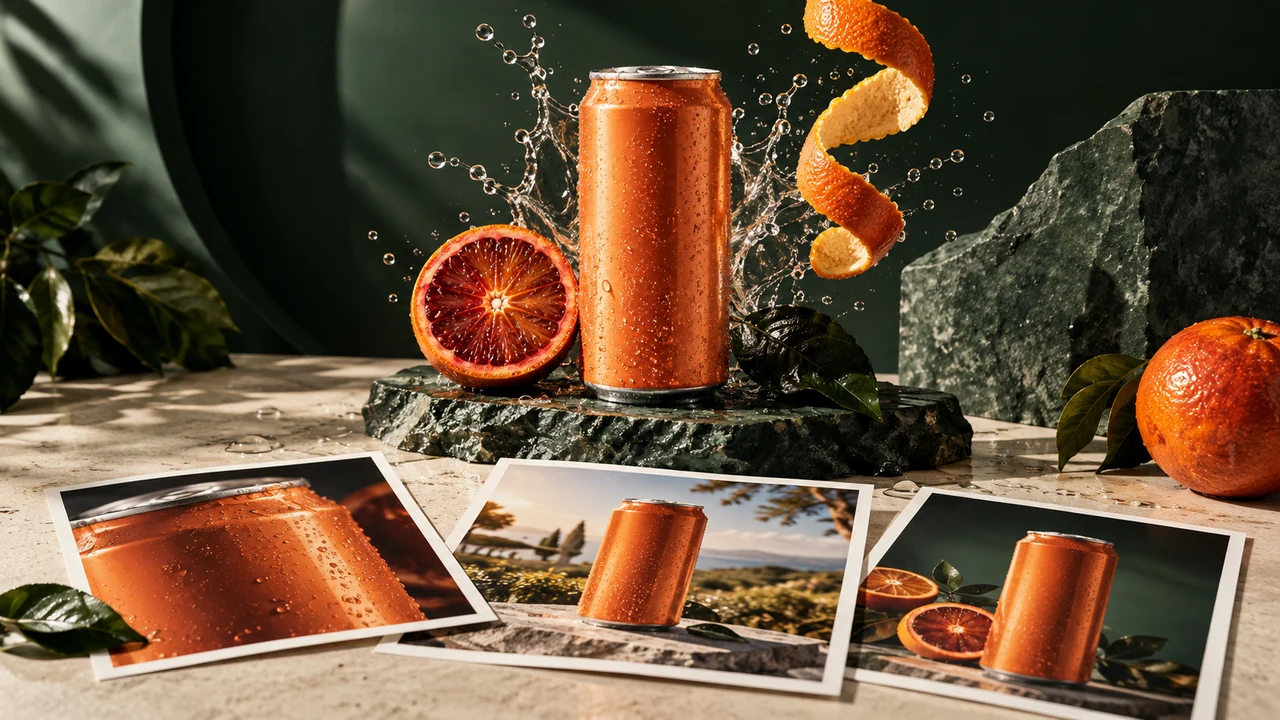 An orange drink product hero with coordinated campaign photographs and fresh citrus