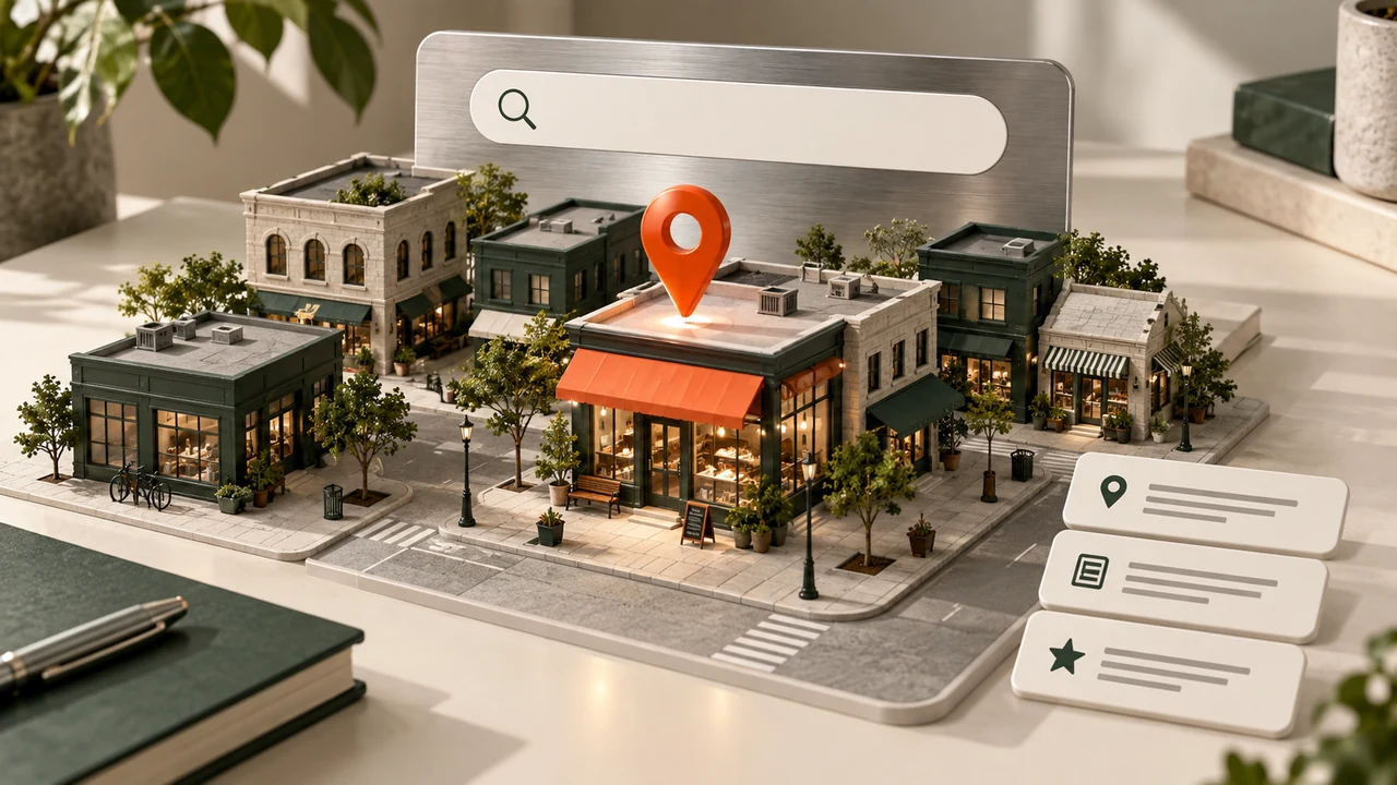 A miniature local shopping district with a search field and an orange location marker