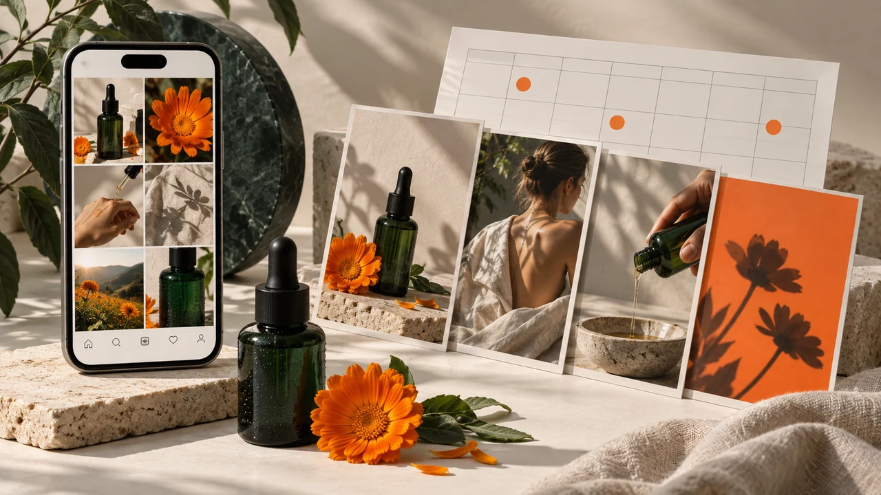 A planned skincare social campaign with a phone feed, content photographs and a publishing calendar