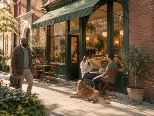 A warm brick café with green awning and orange chairs