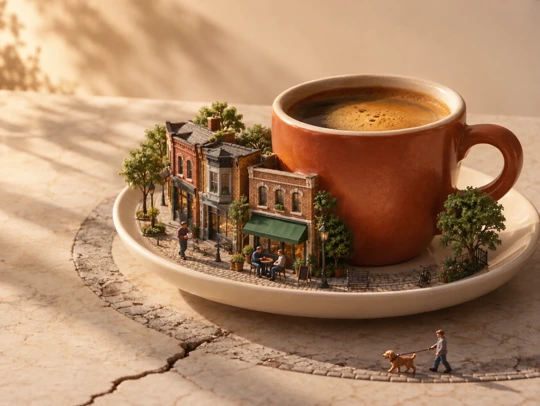 Miniature neighbourhood around an espresso cup