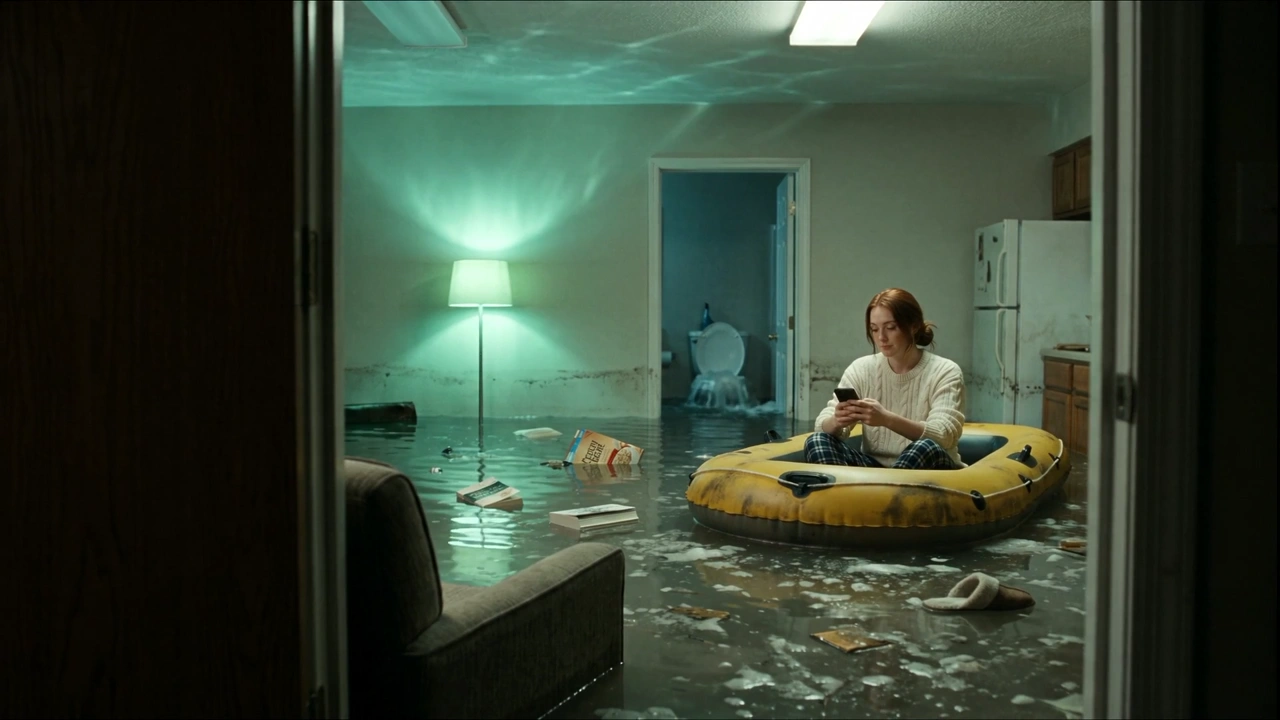 A woman in a flooded basement